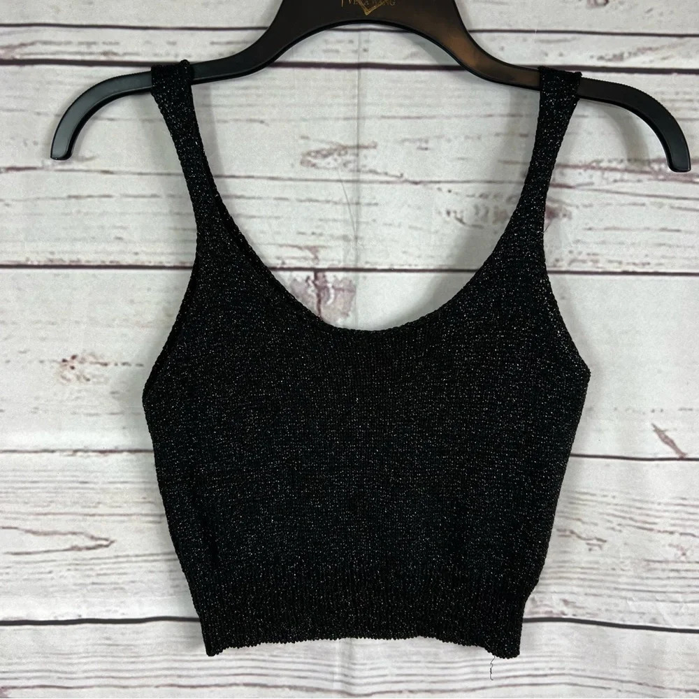 WOMEN'S cropped tank top black with silver thread Sz XS-S